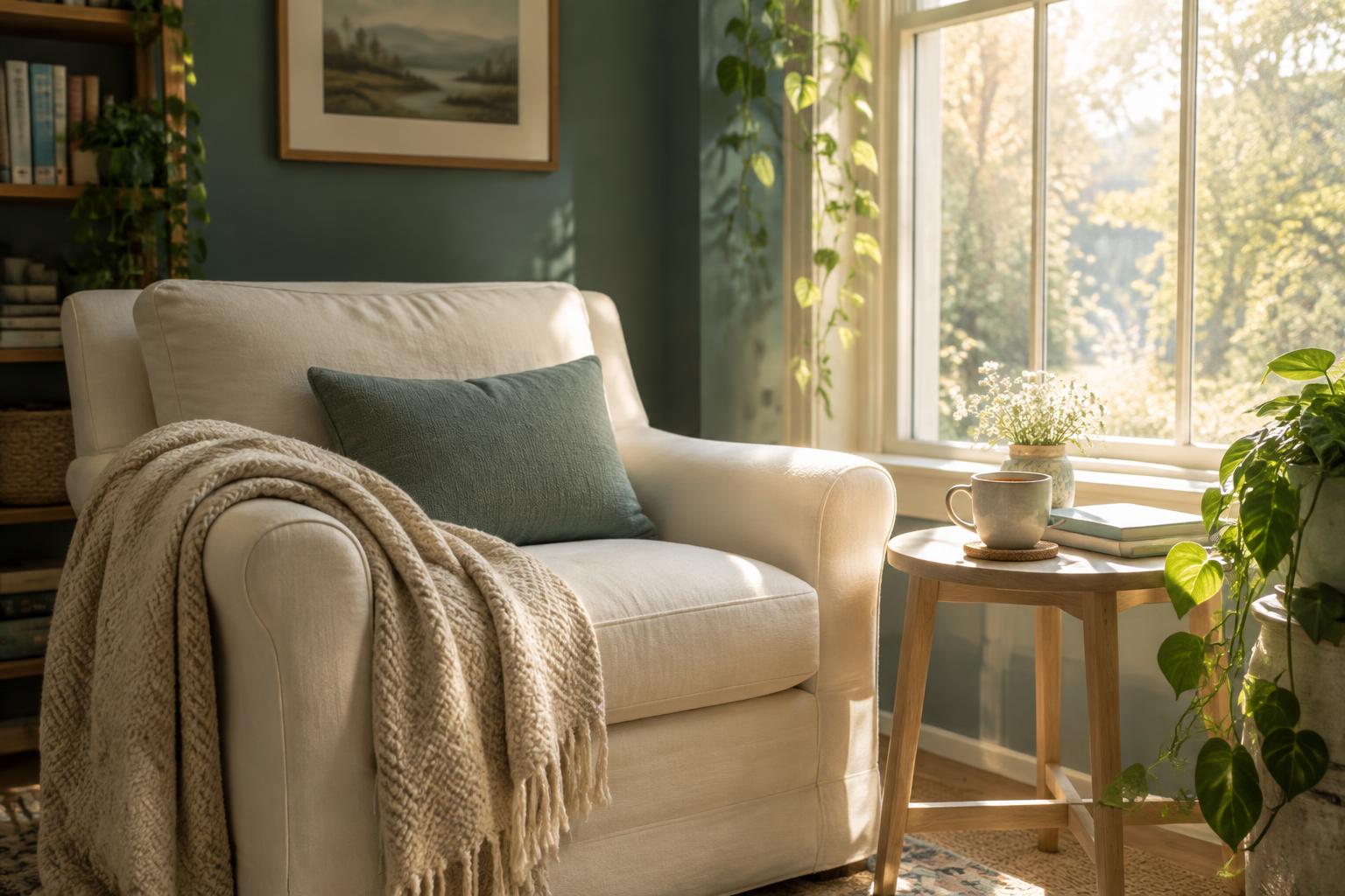 A calm cream armchair in the morning light beside a window — a place to sit and be heard.