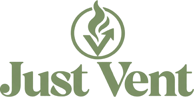 Just Vent — a sage circle holding the flame and the letter V, above the Just Vent wordmark
